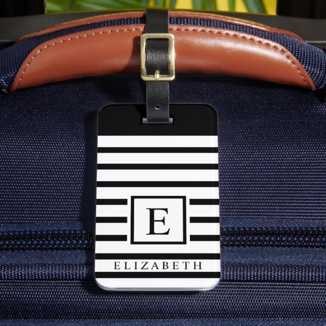 Customizable Black Background White Striped Lines Luggage Tag (Front Insitu 2)