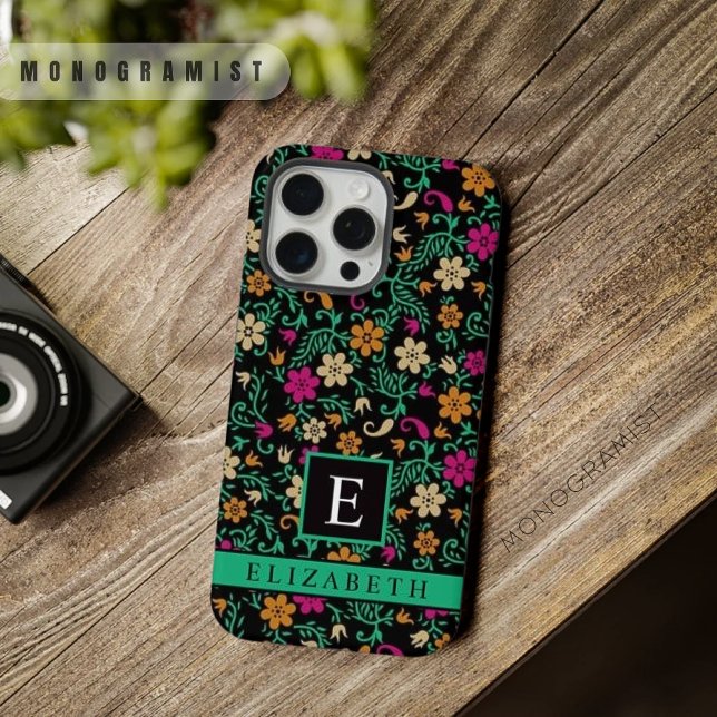 Customizable Black Floral Pink Green Flowers iPhone Case (Customizable Black Floral Pink Green Flowers iPhone Case)