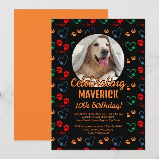 Customizable Black Orange Dog Birthday Party Invitation (Front/Back)