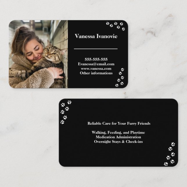 Customizable Black Pet Sitter Business Card (Front/Back)
