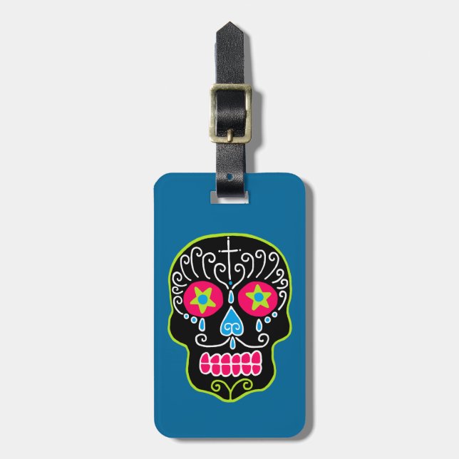 Customizable Black Sugar Skull Luggage Tag (Front Vertical)