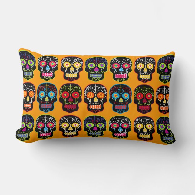 Customizable Black Sugar Skulls Lumbar Pillow (Front)