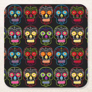 Customizable Black Sugar Skulls Square Paper Coaster