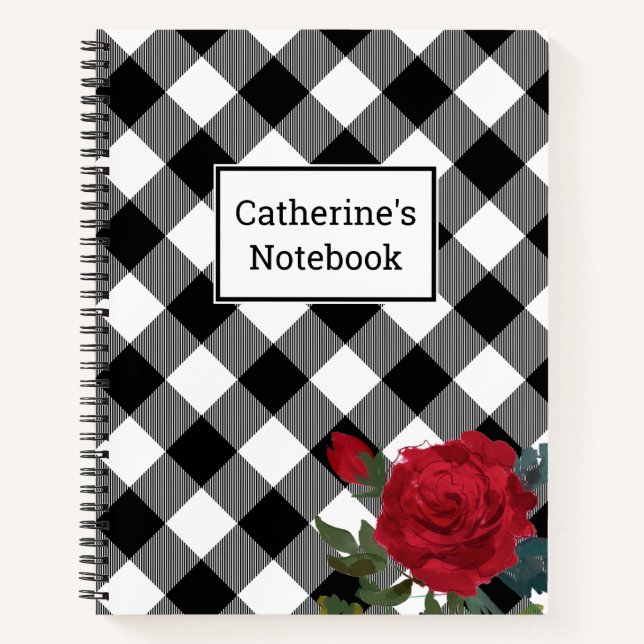 Customizable Black & White Buffalo Plaid Red Rose Notebook (Front)