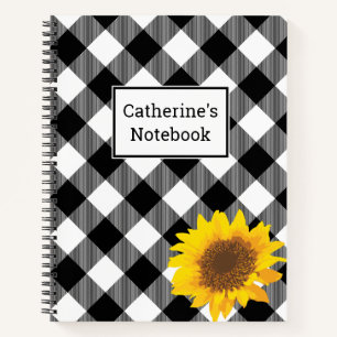 Customizable Black & White Buffalo Plaid Sunflower Notebook
