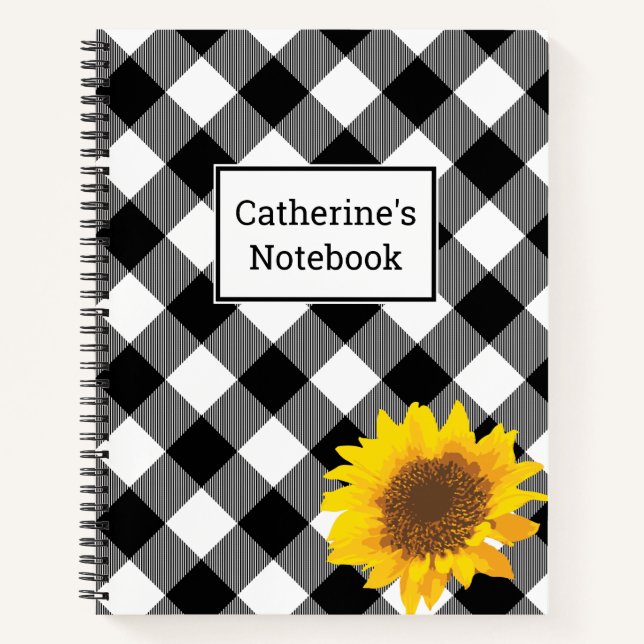 Customizable Black & White Buffalo Plaid Sunflower Notebook (Front)