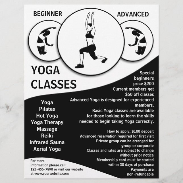 Customizable black white yoga class flyers (Front)