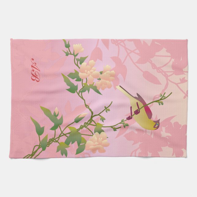 Customizable: Blossoms and bird Kitchen Towel (Horizontal)