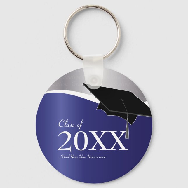 Customizable Blue and Silver Graduation Keychain (Front)