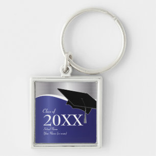 Customizable Blue and Silver Graduation Keychain