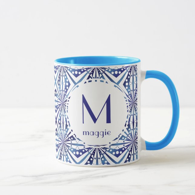Customizable Blue and White Geometric Pattern Mug (Right)
