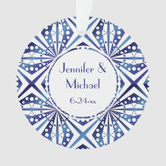 Customizable Blue and White Geometric Pattern Ornament