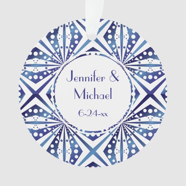 Customizable Blue and White Geometric Pattern Ornament (Front)