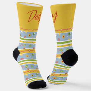 Customizable Blue and Yellow Flower Pattern Socks