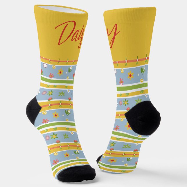 Customizable Blue and Yellow Flower Pattern Socks (Angled)