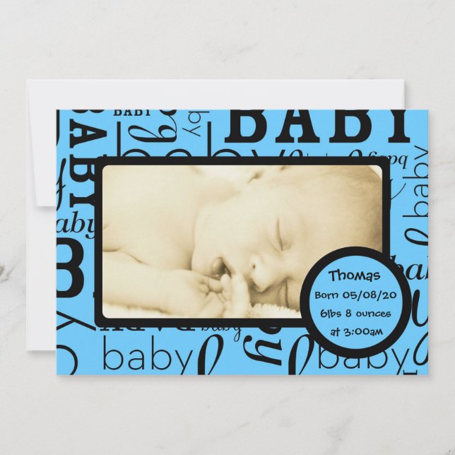 Customizable blue baby photo announcement cards (Front)