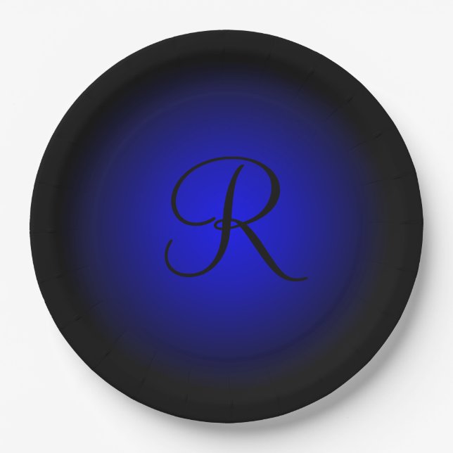 Customizable blue black monogram paper plates (Front)