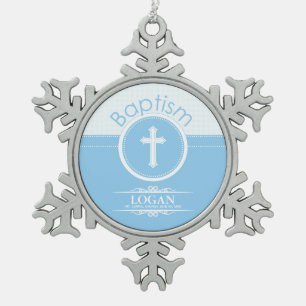 Customizable, Blue Boy Child of God Baptism Snowflake Pewter Christmas Ornament