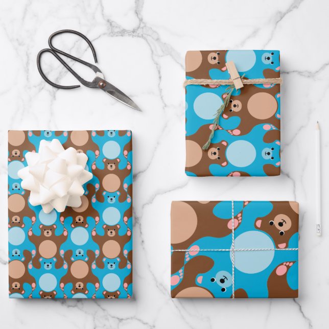 Customizable Blue Brown Teddy Bear Tesselation WP3 Wrapping Paper Sheet (Front)