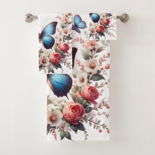 Customizable Blue Butterfly Floral Art-96279 Bath Towel Set
