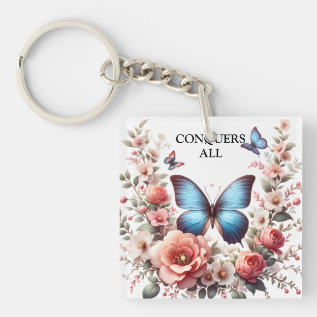 Customizable Blue Butterfly Floral Art-96279 Keychain (Front)