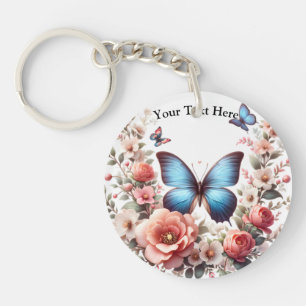 Customizable Blue Butterfly Floral Art-96279 Keychain
