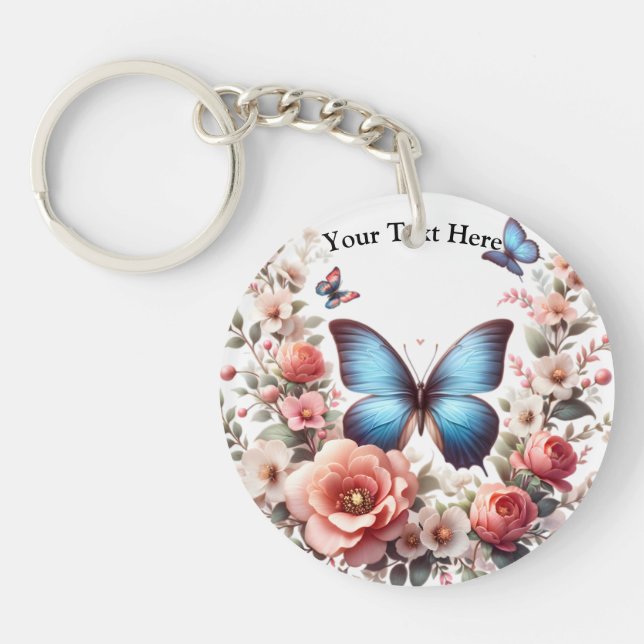 Customizable Blue Butterfly Floral Art-96279 Keychain (Front)