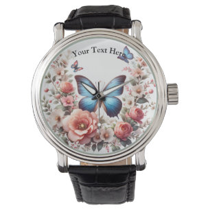 Customizable Blue Butterfly Floral Art-96279 Watch