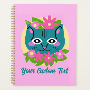 Customizable Blue Cat with Pink Flowers Planner