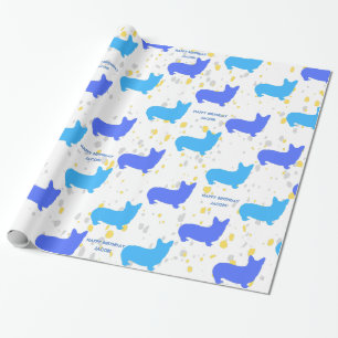 Customizable Blue Corgi Birthday Party Wrapping Paper