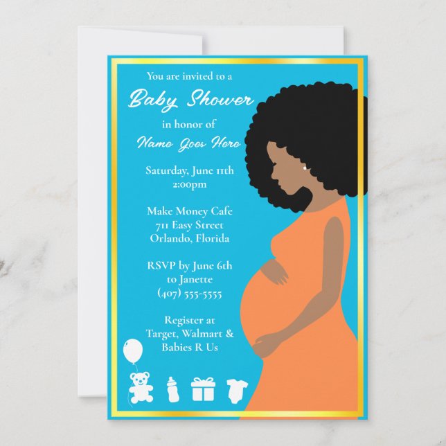 Customizable Blue Gold | Pregnant Downloadable Invitation (Front)