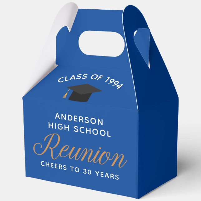 Customizable Blue High School Alumni Reunion Party Favor Box (Front)