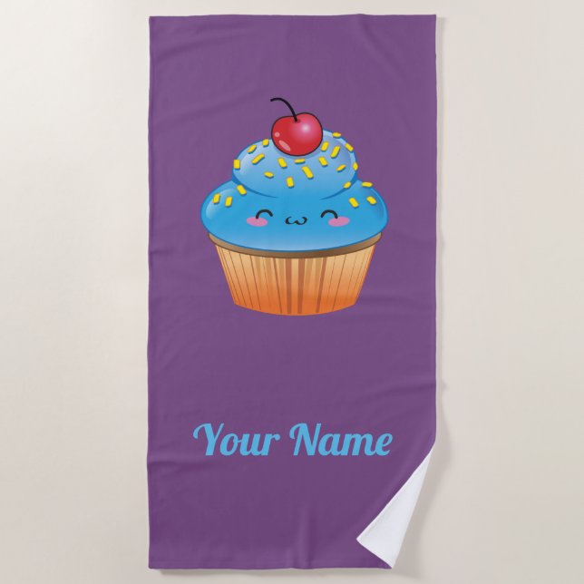Customizable Blue Kawaii Cupcake Beach Towel (Front)