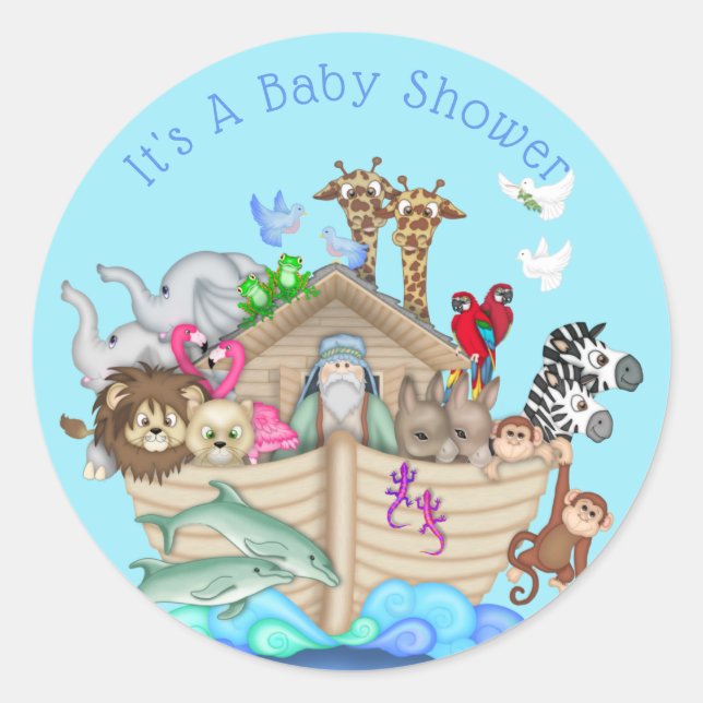 Customizable Blue Noah's Ark Baby Shower Sticker (Front)