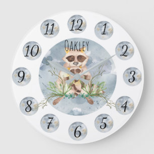 Customizable Blue Raccoon Nursery Clock Large