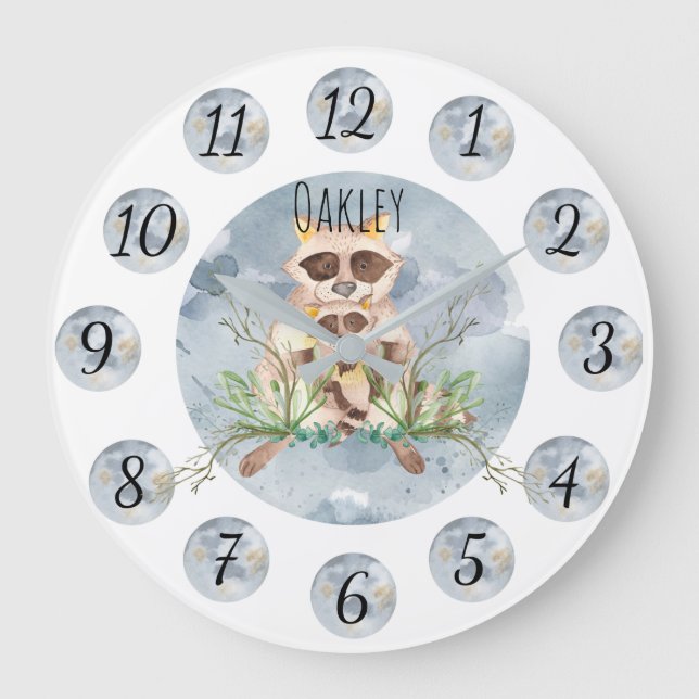 Customizable Blue Raccoon Nursery Clock Large (Front)
