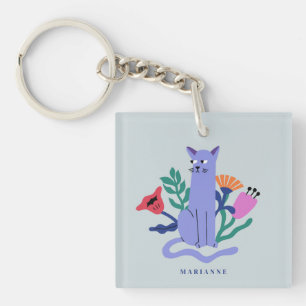 Customizable Blue Russian Cat & Matisse Flowers Keychain