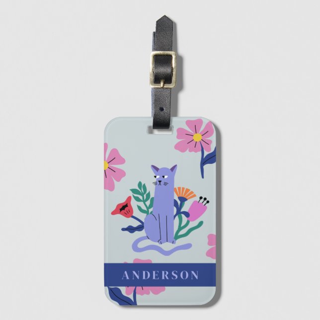 Customizable Blue Russian Cat & Matisse Flowers Luggage Tag (Front Vertical)