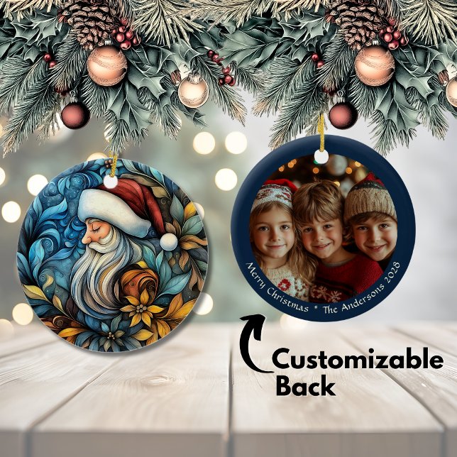 Customizable Blue Vintage Santa Christmas Ceramic Ornament (Customizable Blue Vintage Santa Christmas Ceramic Ornament)