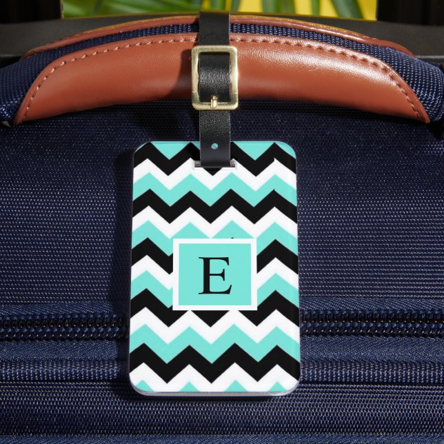 Customizable Blue White Black Chevron Pattern Luggage Tag (Front Insitu 2)