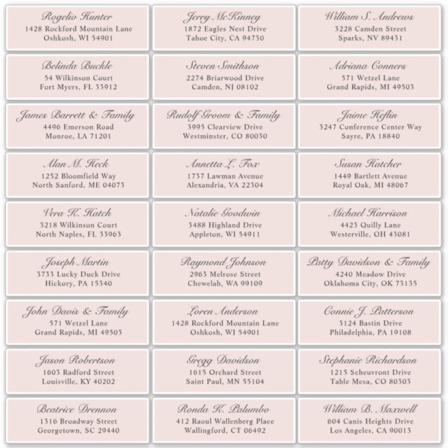 Customizable blush wedding guest address sticker (Front)