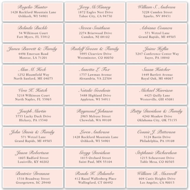 Customizable blush wedding guest address sticker (Front)