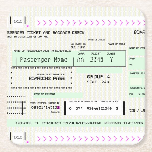 Customizable Boarding Pass Square Paper Coaster (Front)