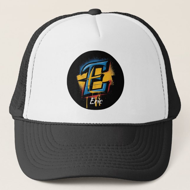 Customizable Bold Graffiti Letter 'E' Initial Trucker Hat (Front)
