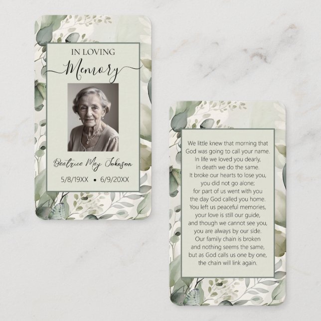 Customizable Botanical Memorial Prayer Card  (Front/Back)