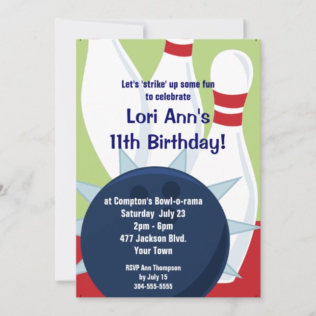 Customizable Bowling Birthday Party Invitation (Front)