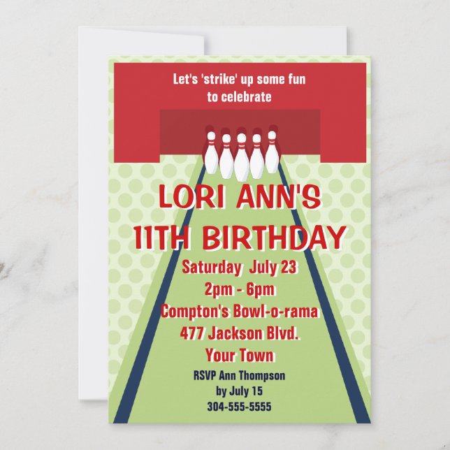 Customizable Bowling Birthday Party Invitation (Front)