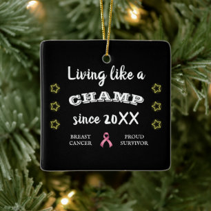 Customizable Breast Cancer Survivor yellow stars Ceramic Ornament
