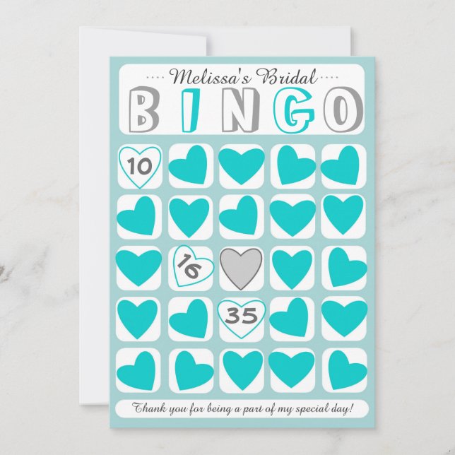 Customizable bridal bingo game teal grey card (Front)