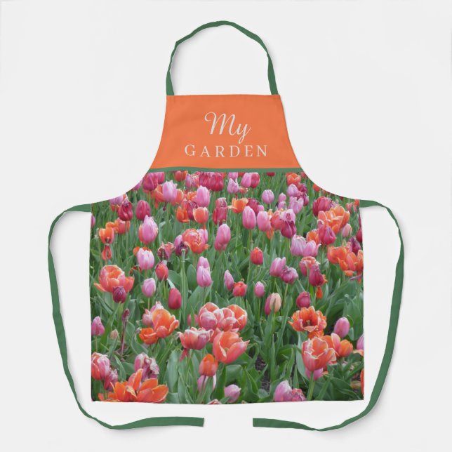 Customizable Bright Orange, Pink & Green Tulip  Apron (Front)